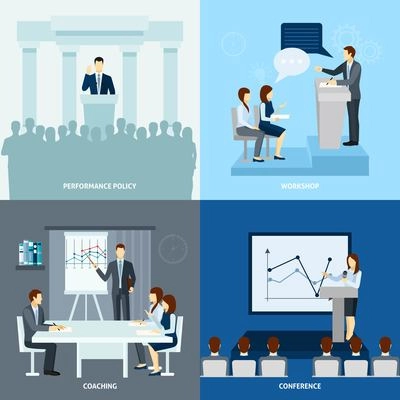 Presentation coaching workshop for publicly speaking people 4 flat icons square composition banner abstract isolated vector illustration