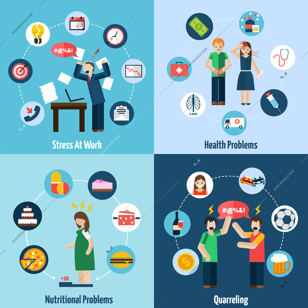 Mental health problems relating to stress at work 4 flat icons composition banner abstract isolated vector illustration