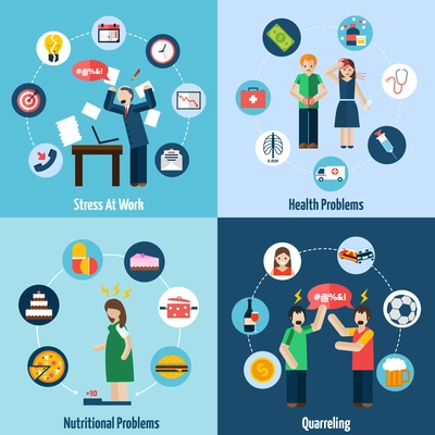 Mental health problems relating to stress at work 4 flat icons composition banner abstract isolated vector illustration