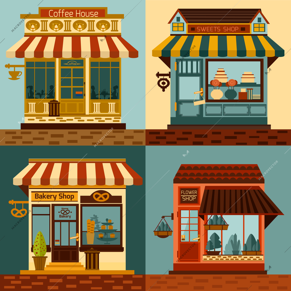 Shops facades set with sweets bakery and coffee house fronts isolated vector illustration