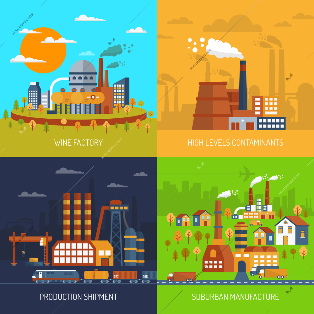 Industrial factories and plants flat decorative icons set isolated vector illustration