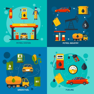 Oil extracting petrol company and green fuel station 4 flat icons square composition abstract isolated vector illustration