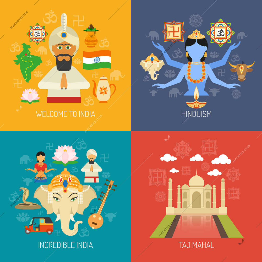 India design concept set with hinduism religion flat icons isolated vector illustration