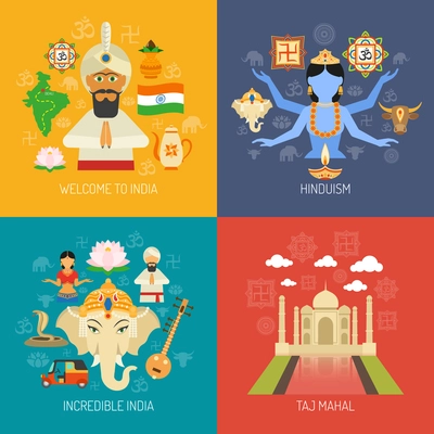 India design concept set with hinduism religion flat icons isolated vector illustration