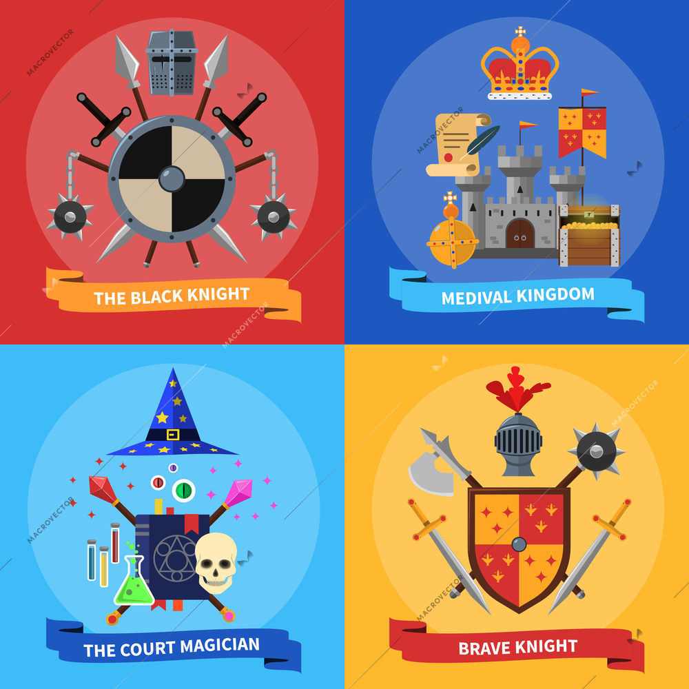 Medieval kingdom armored knights warriors and court magician 4 flat icons square banner abstract isolated vector illustration