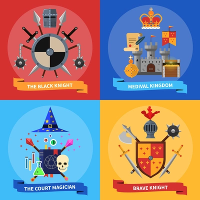 Medieval kingdom armored knights warriors and court magician 4 flat icons square banner abstract isolated vector illustration