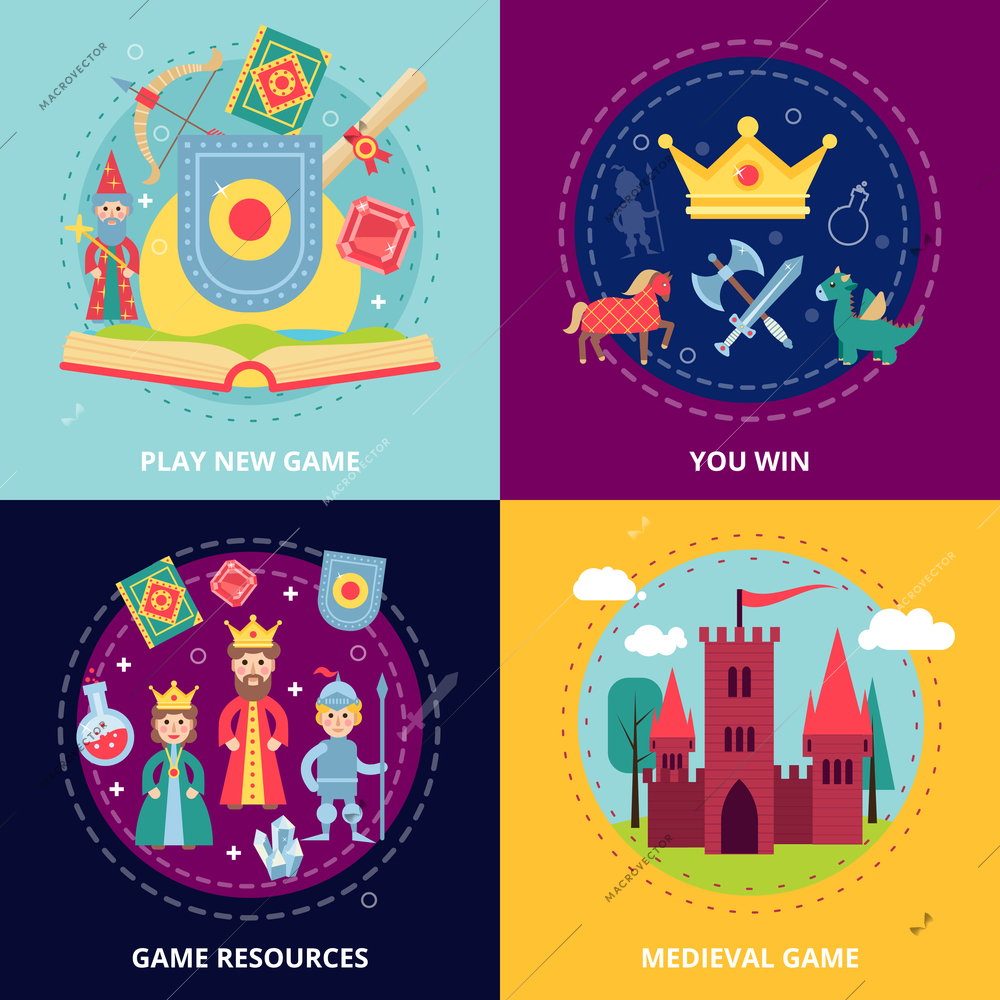 Medieval game design concept set with resources flat icons isolated vector illustration