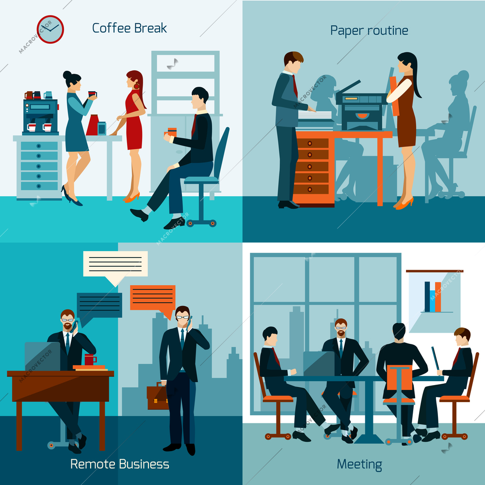 Office workers design concept set with business meeting and working routine icons isolated vector illustration