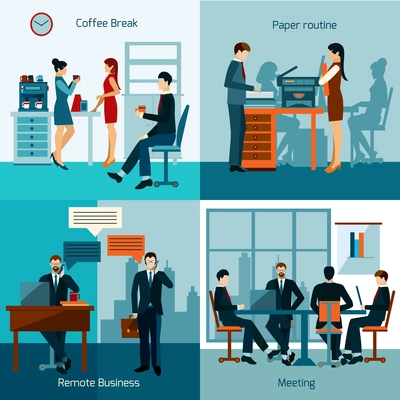 Office workers design concept set with business meeting and working routine icons isolated vector illustration