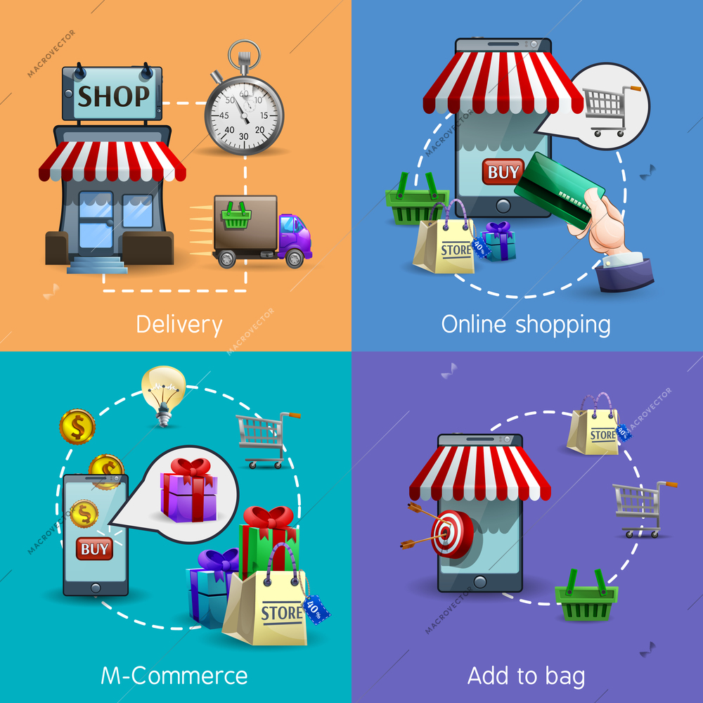 M-Commerce realistic icons set with online shopping and delivery symbols isolated vector illustration