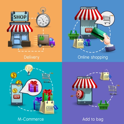 M-Commerce realistic icons set with online shopping and delivery symbols isolated vector illustration