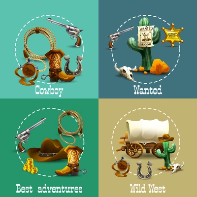 Wild west adventures realistic icons set with cowboy and wanted symbols isolated vector illustration