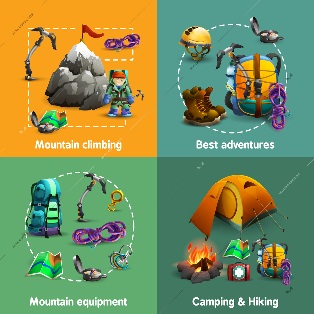 Alpine mountain climbing camping and hiking equipment 4 3d icons square composition banner abstract isolated vector illustration