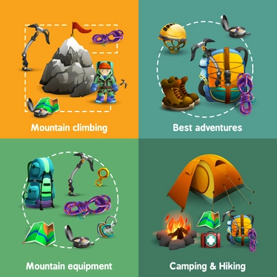 Alpine mountain climbing camping and hiking equipment 4 3d icons square composition banner abstract isolated vector illustration