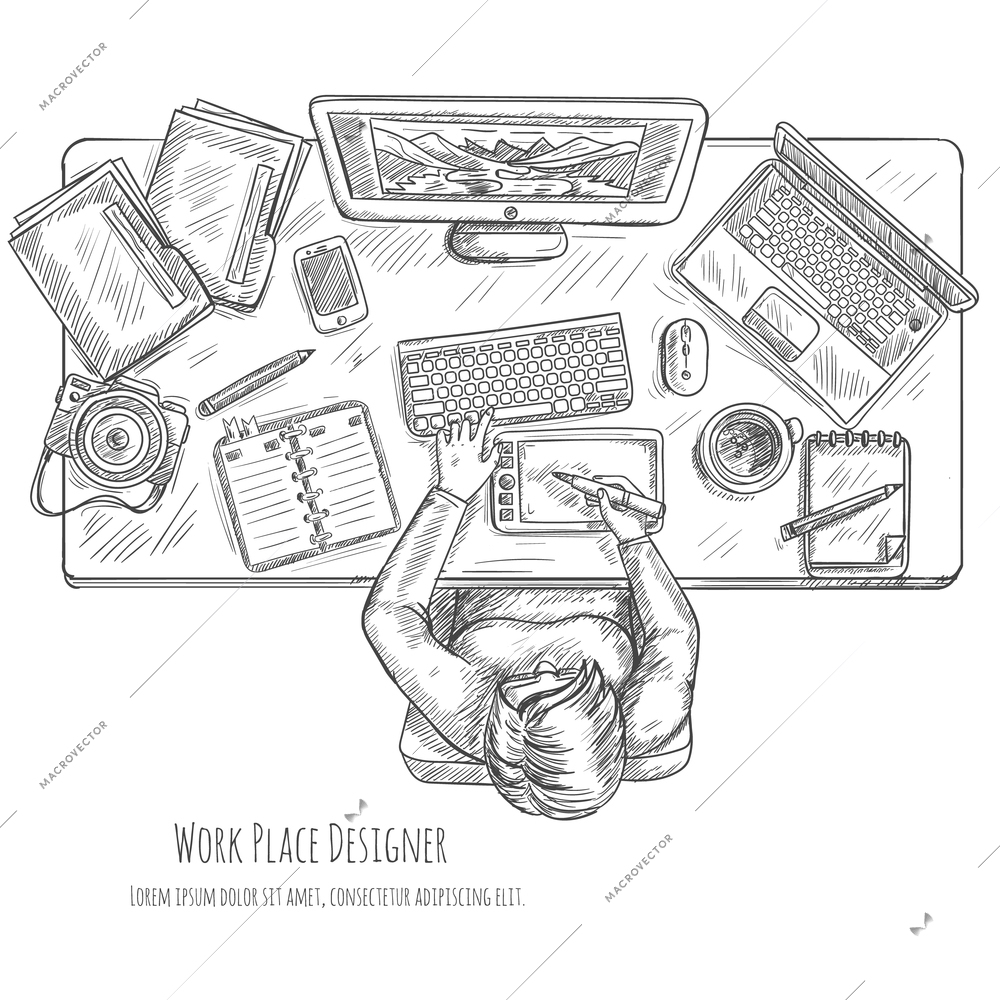 Designer workplace sketch with woman drawing on tablet top view vector illustration