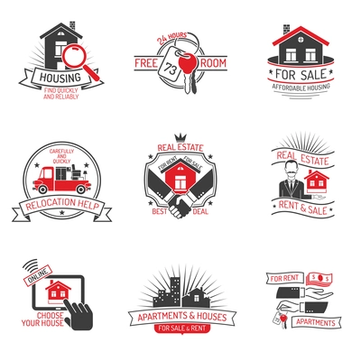 Real estate for rent and sale black red labels set on white background isolated vector illustration