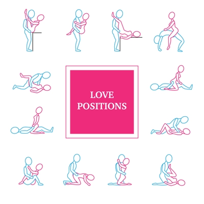 Kama sutra love positions line icons set with title flat isolated vector illustration