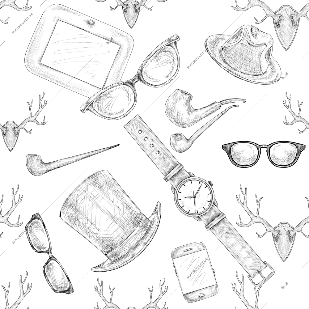 Seamless hand drawn hipster accessories pattern background vector illustration