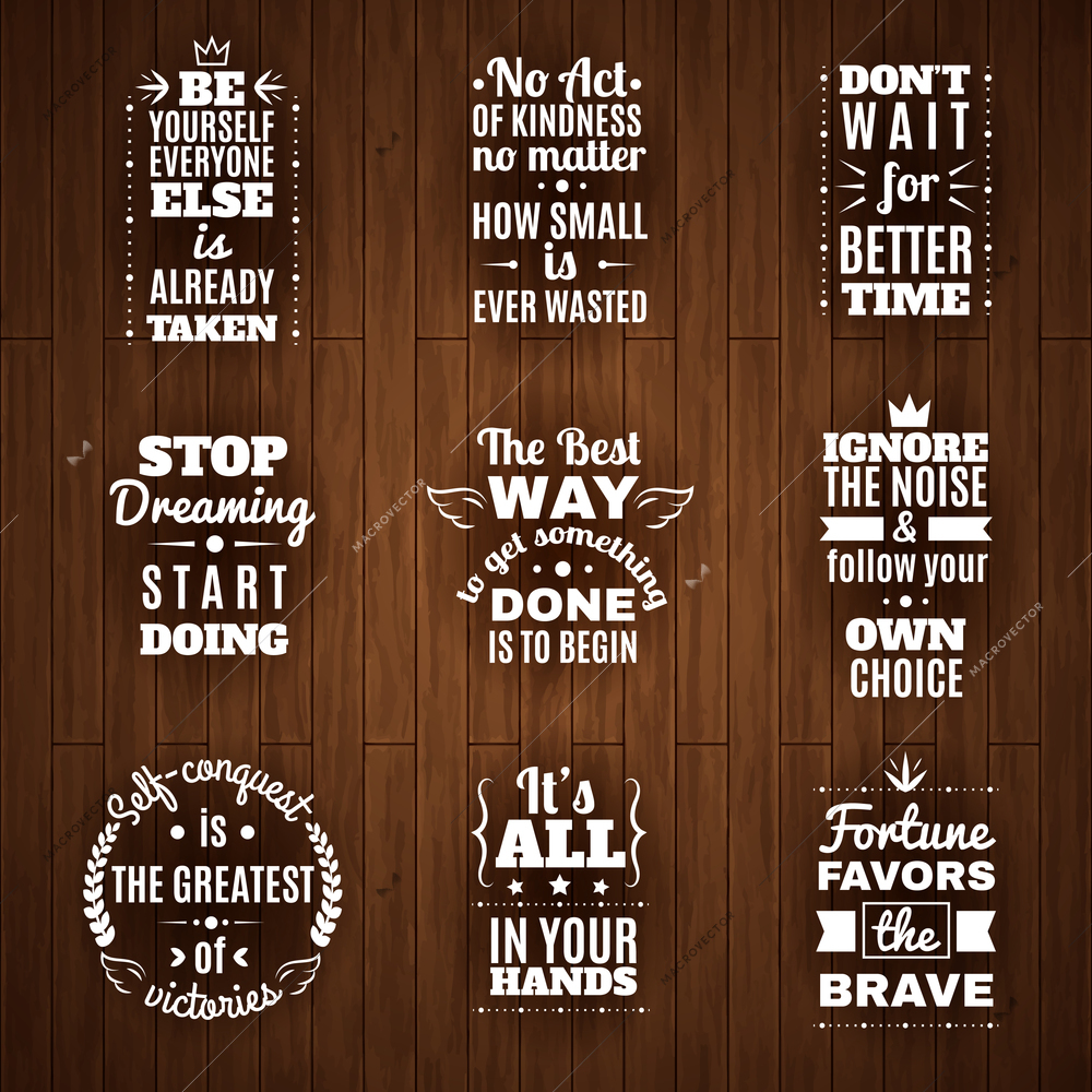 Timeless inspirational words and motivation quotes for daily reading with dark planks background abstract isolated vector illustration