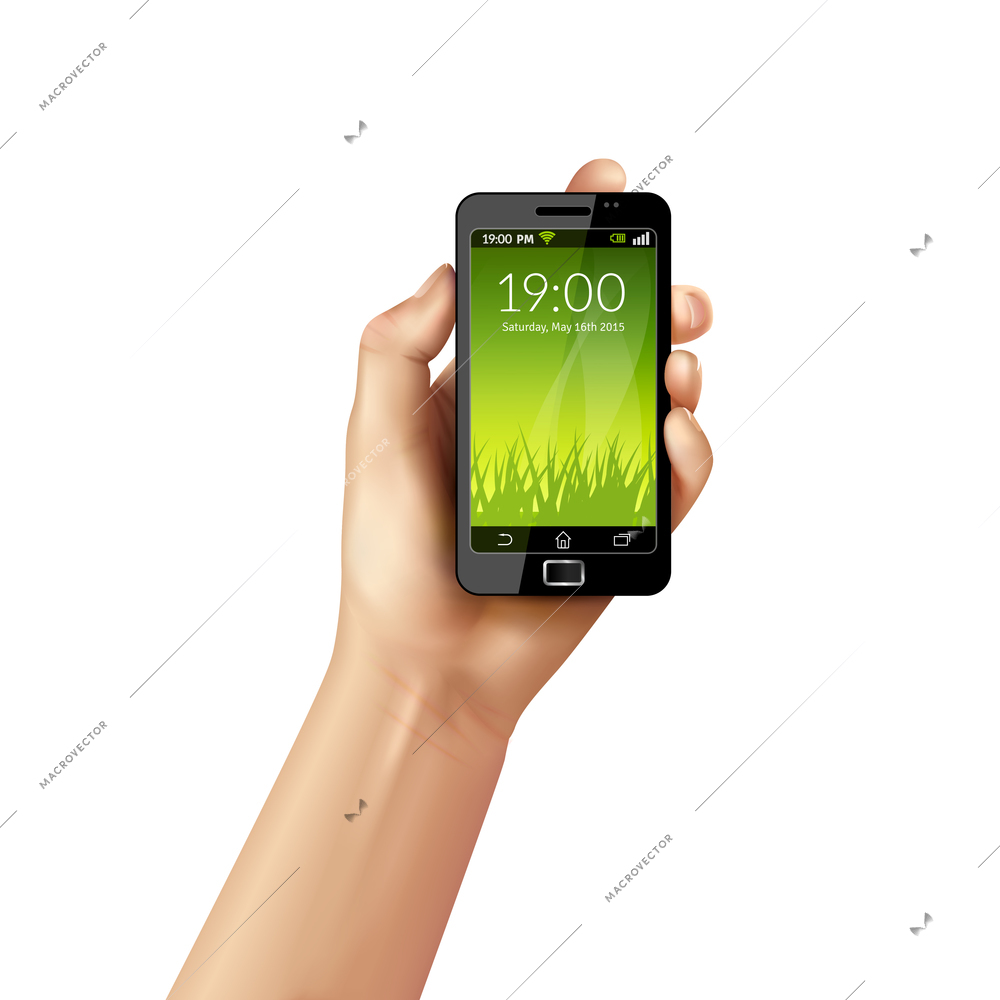 Realistic human hand holding mobile smartphone with starting interface screen isolated on white background vector illustration