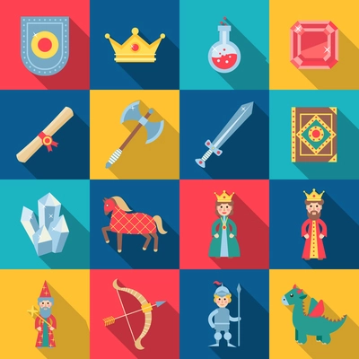 Fairytale game set with shield sword crown gems isolated vector illustration