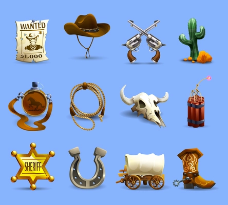 Wild west realistic icons set with cowboy hat dynamite and cactus on blue background isolated vector illustration