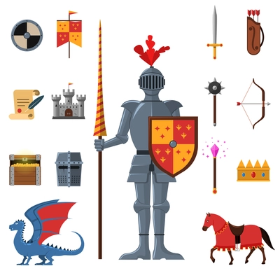 Medieval kingdom legendary armored knight warrior with lance and attributes flat icons set abstract isolated vector illustration