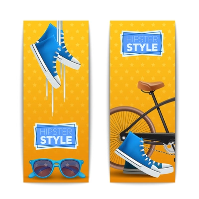 Hipster banner vertical set with gumshoes glasses and bicycle isolated vector illustration