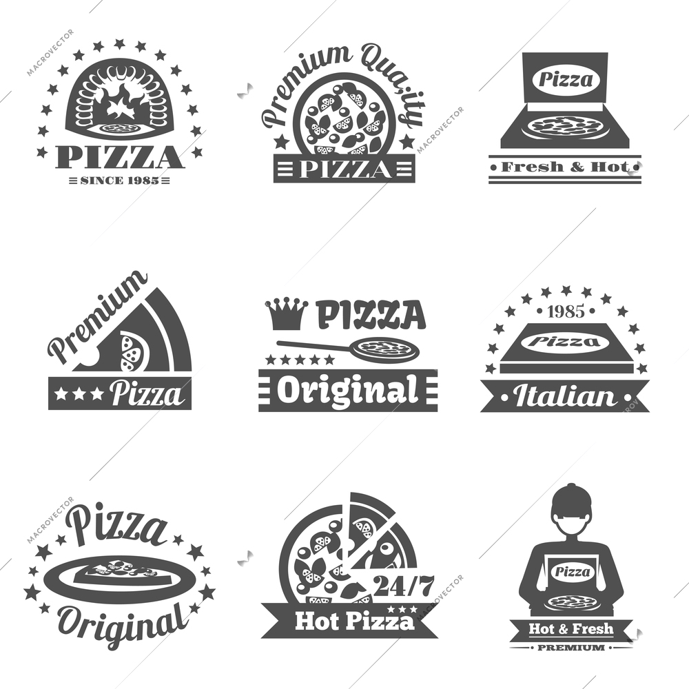 Pizzeria and pizza delivery premium quality label set isolated vector illustration