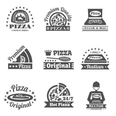 Pizzeria and pizza delivery premium quality label set isolated vector illustration