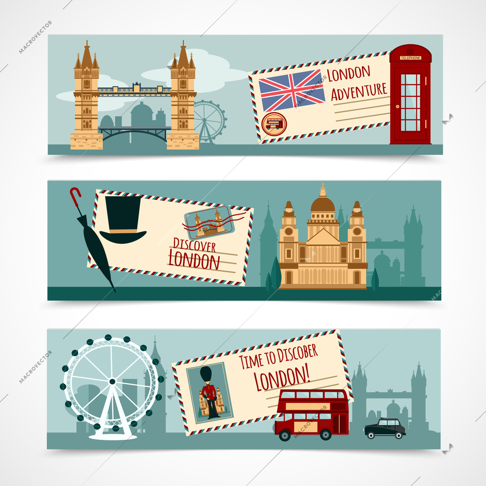 London touristic banner horizontal set with landmarks isolated vector illustration