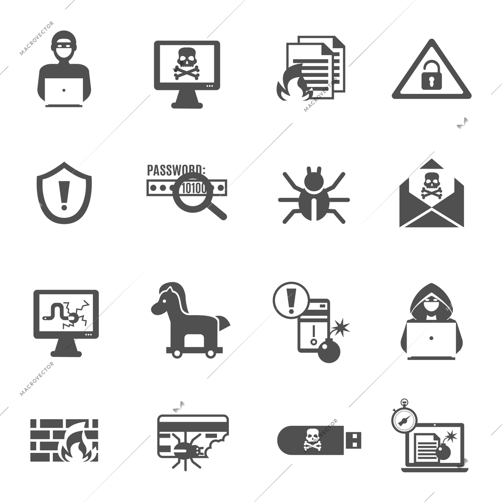 Hacker and computer security black icons set isolated vector illustration