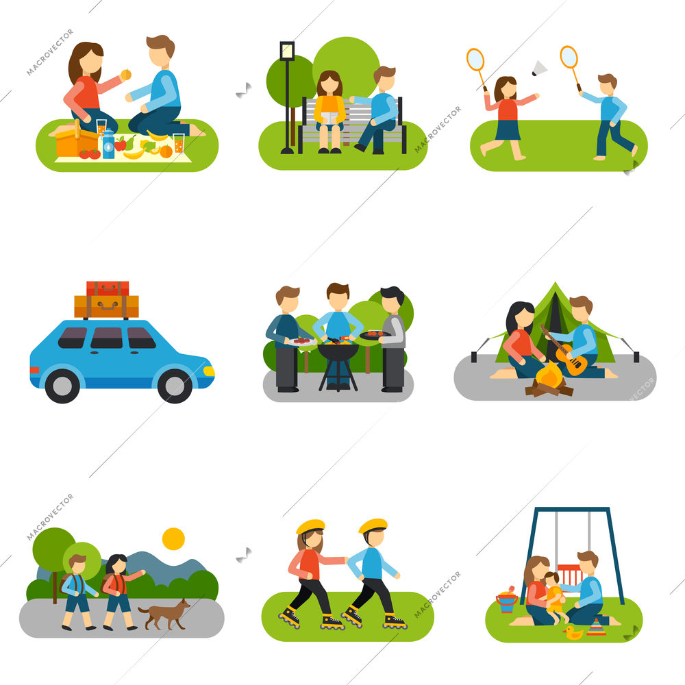 Outing concepts with friends and families outdoors isolated vector illustration