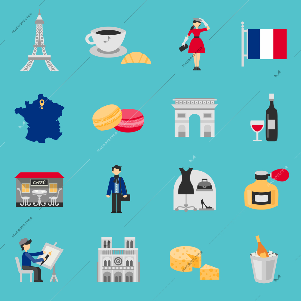 France icons flat set with wine coffee and cheese isolated vector illustration