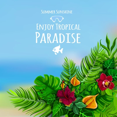 Tropical poster with monstera flower and sea on background vector illustration