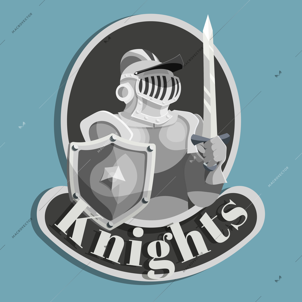 Silver color metal emblem with medieval knight with shield and sword vector illustration