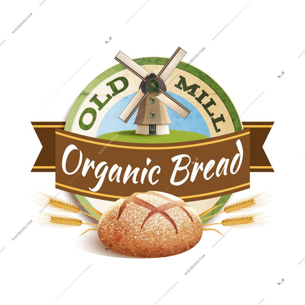 Bakery label with windmill and organic bread text vector illustration