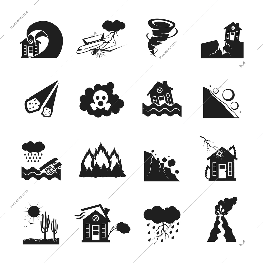 Flat monochrome icons set of various types of natural disasters isolated vector illustration
