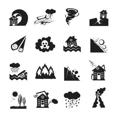 Flat monochrome icons set of various types of natural disasters isolated vector illustration