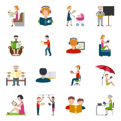 People reading books and magazines flat icons set isolated vector illustration