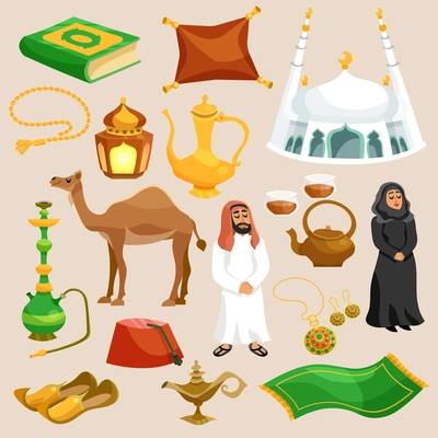 Arabic and eastern culture decorative cartoon icons set isolated vector illustration