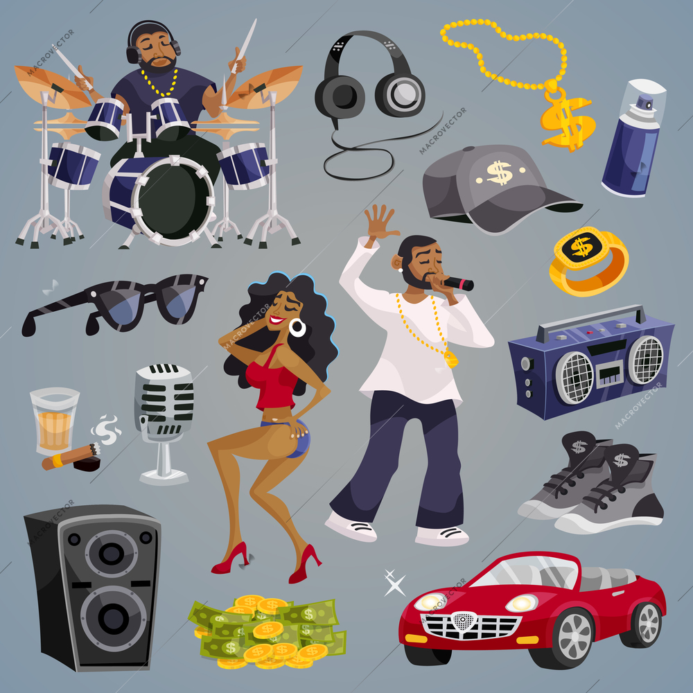 Rap music and hip-hop style elements set isolated vector illustration