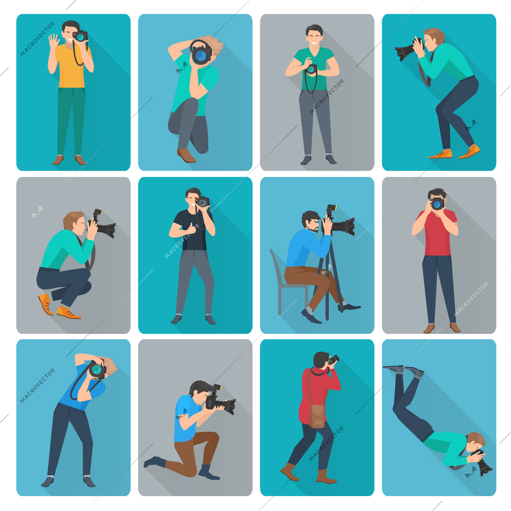 Photographer with photo camera in different poses flat avatars icons set isolated vector illustration