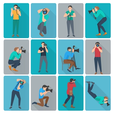 Photographer with photo camera in different poses flat avatars icons set isolated vector illustration
