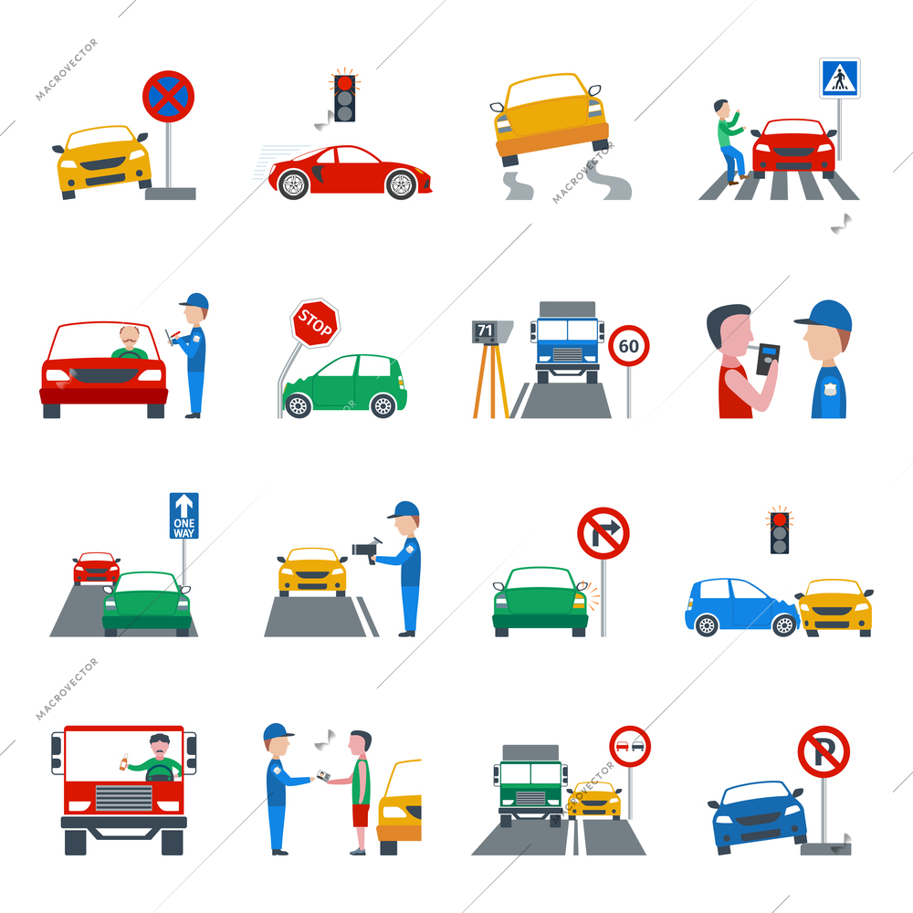 Traffic and driving violation flat icons set isolated vector illustration