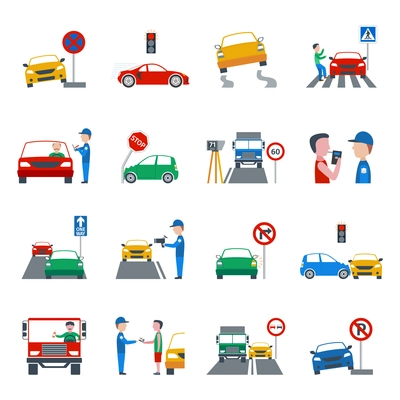 Traffic and driving violation flat icons set isolated vector illustration