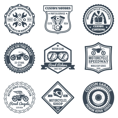 Motorcycle labels black set with bike repair workshop logos isolated vector illustration