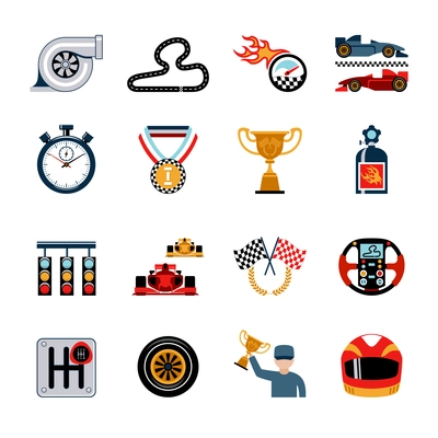 Racing and auto sport flat icons set isolated vector illustration