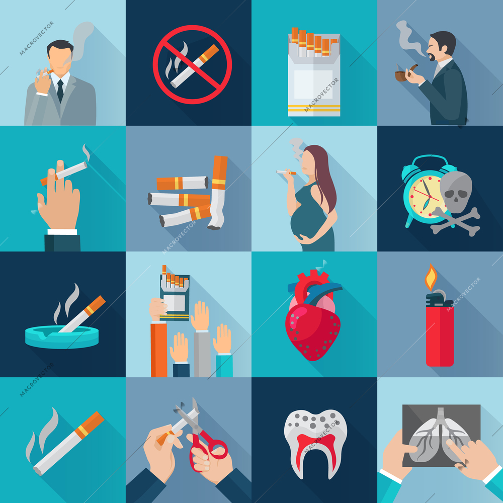 Smoking addiction flat long shadow icons set isolated vector illustration