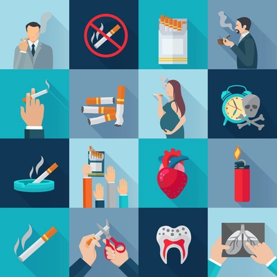 Smoking addiction flat long shadow icons set isolated vector illustration